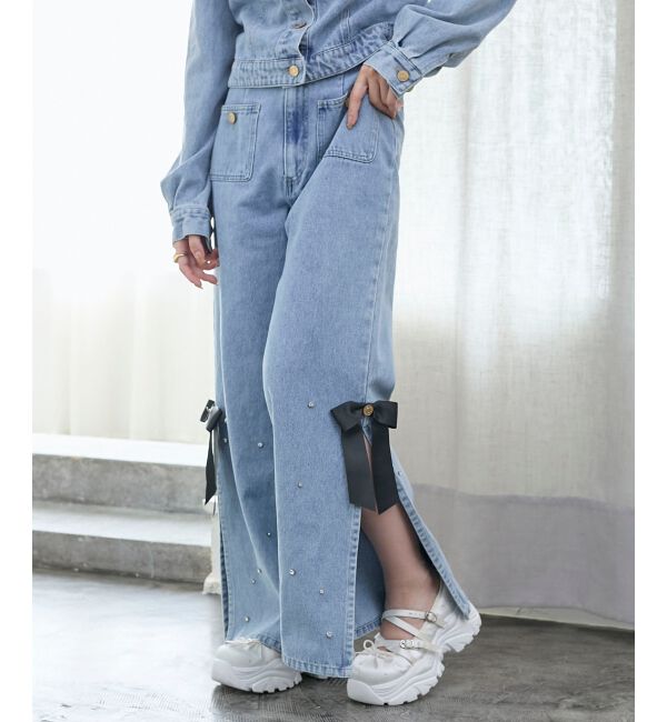  「サイドリボンビジューデニムパンツ」|デニム|