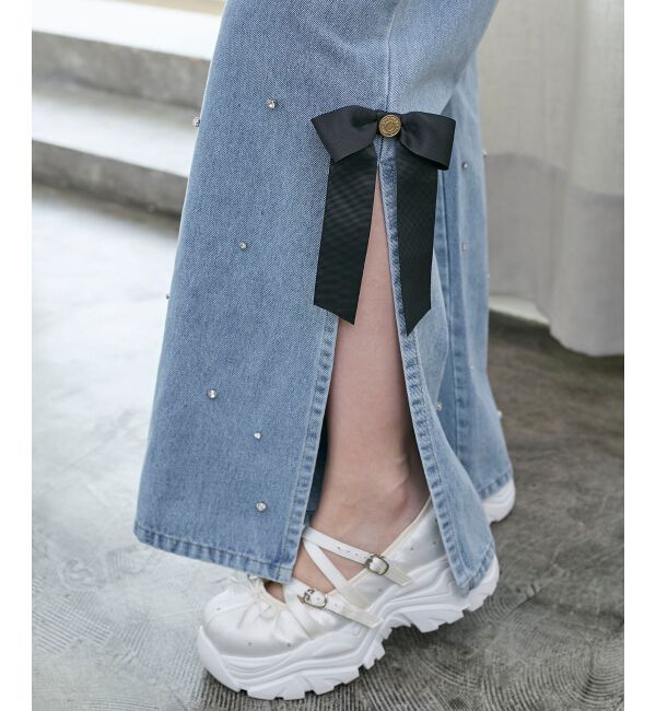  「サイドリボンビジューデニムパンツ」|デニム|