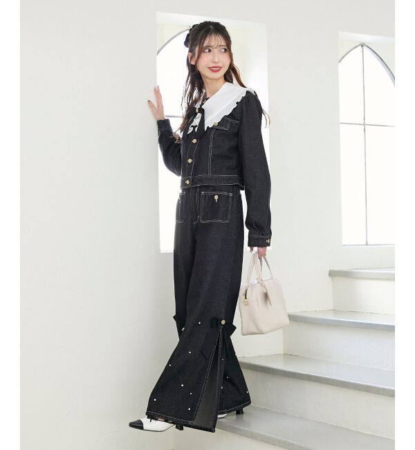  「サイドリボンビジューデニムパンツ」|デニム|ブラック