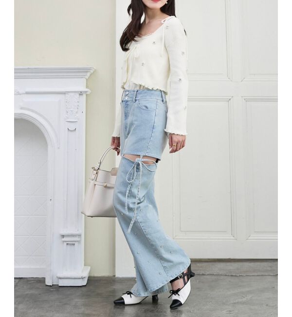  「スリットビジューフレアデニムパンツ」|デニム|