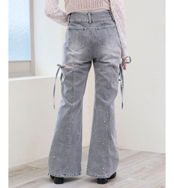  「スリットビジューフレアデニムパンツ」|デニム|