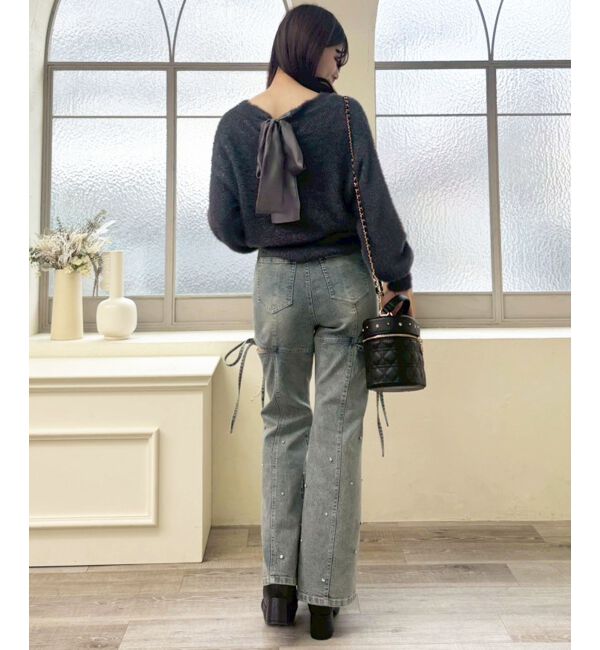  「スリットビジューフレアデニムパンツ」|デニム|