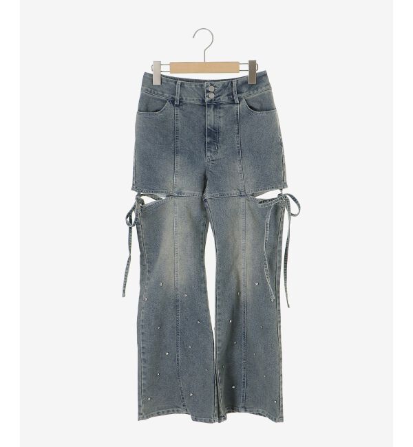  「スリットビジューフレアデニムパンツ」|デニム|