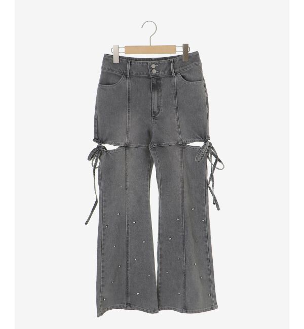  「スリットビジューフレアデニムパンツ」|デニム|