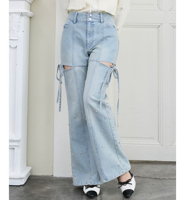  「スリットビジューフレアデニムパンツ」|デニム|