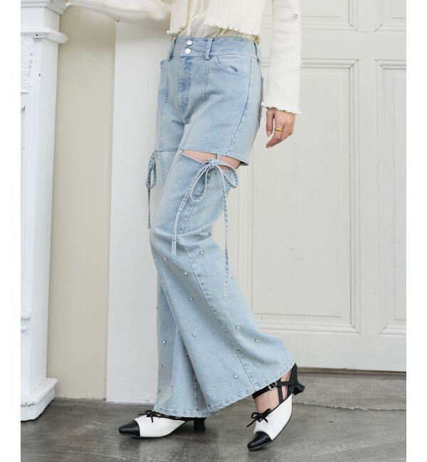  「スリットビジューフレアデニムパンツ」|デニム|