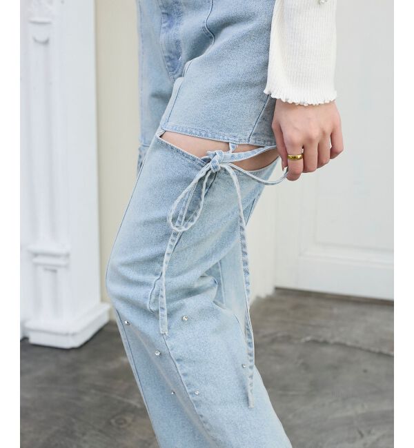  「スリットビジューフレアデニムパンツ」|デニム|