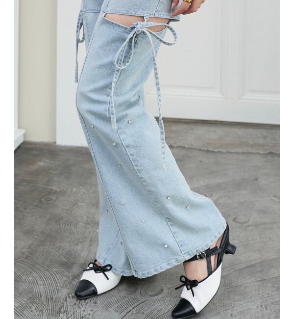  「スリットビジューフレアデニムパンツ」|デニム|