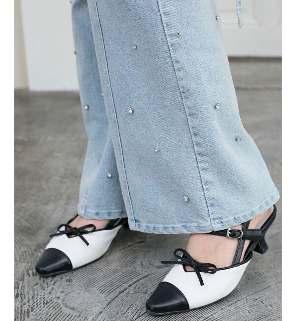  「スリットビジューフレアデニムパンツ」|デニム|