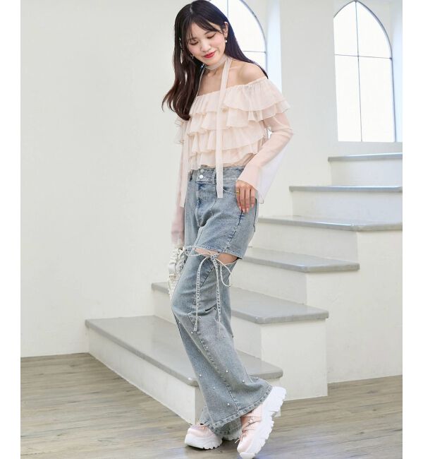  「スリットビジューフレアデニムパンツ」|デニム|ブルー