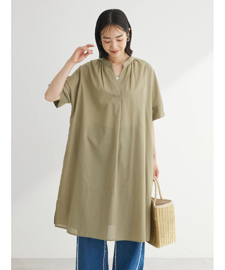 Green Parks「綿麻混スキッパーミニワンピース」|ワンピース|Khaki