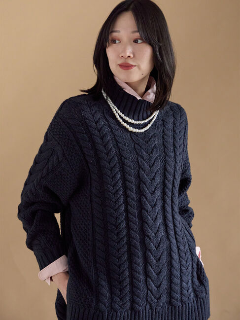 sm2rhythm「ハイネックケーブルニットプルオーバー」|ニット・セーター|ネイビー