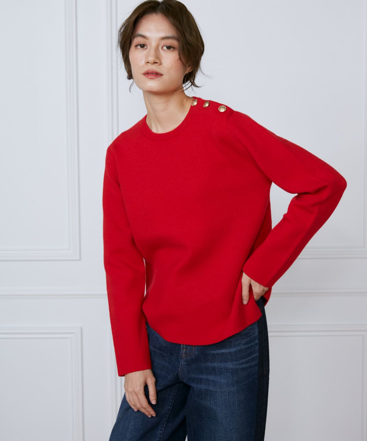 INED「《大きいサイズ》メタルボタンニットプルオーバー」|ニット・セーター|レッド