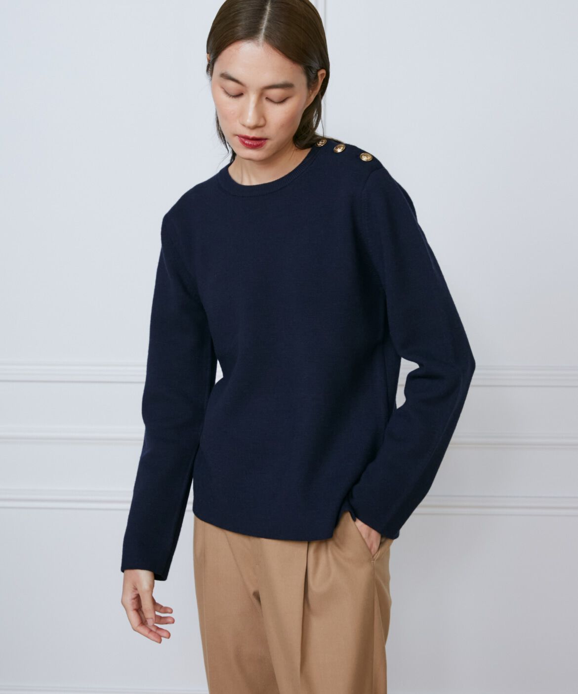 INED「《大きいサイズ》メタルボタンニットプルオーバー」|ニット・セーター|ネイビー