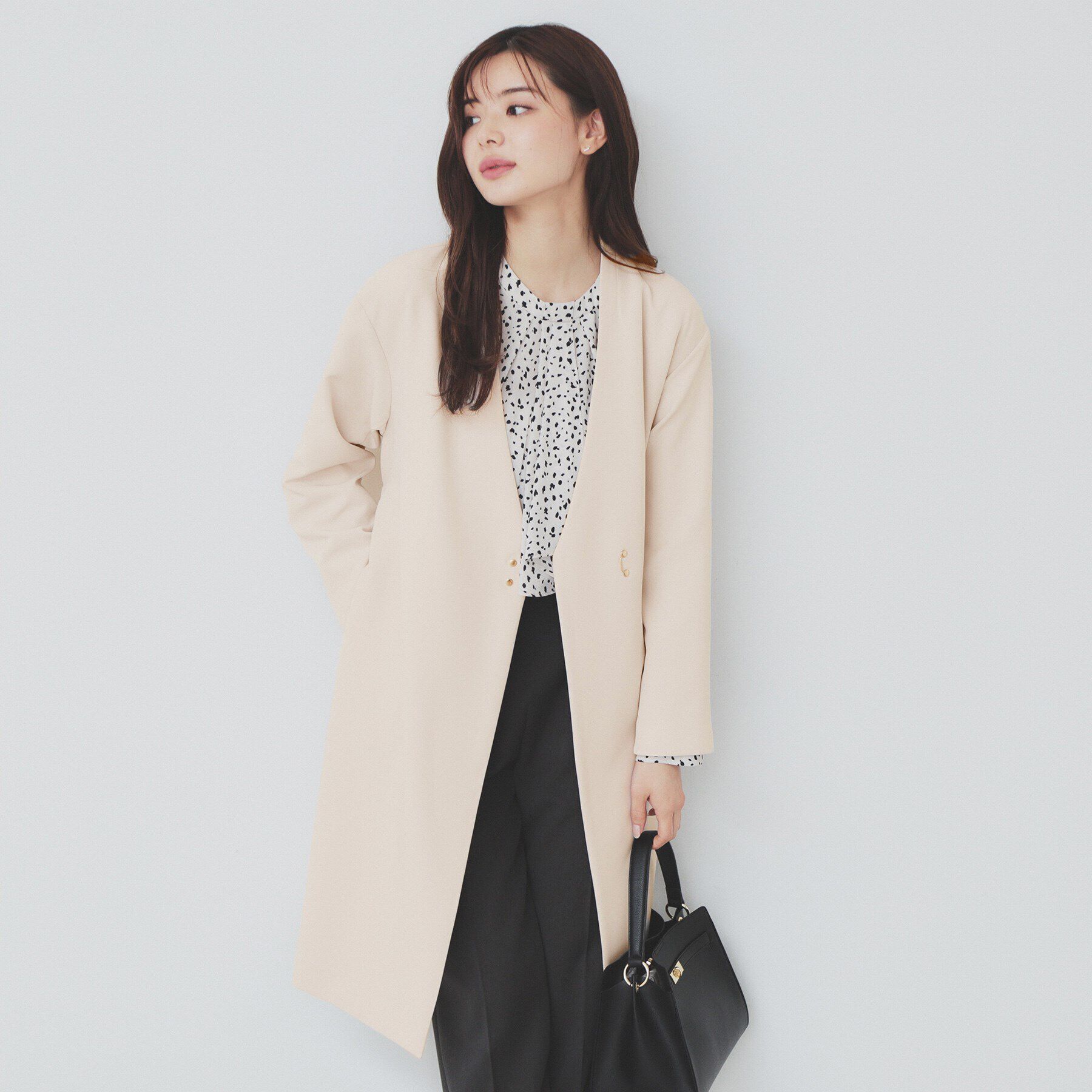 index「ストレッチノーカラーコート【洗濯機洗い可/イージーアイロン】」|ノーカラーコート|グレージュ(050)