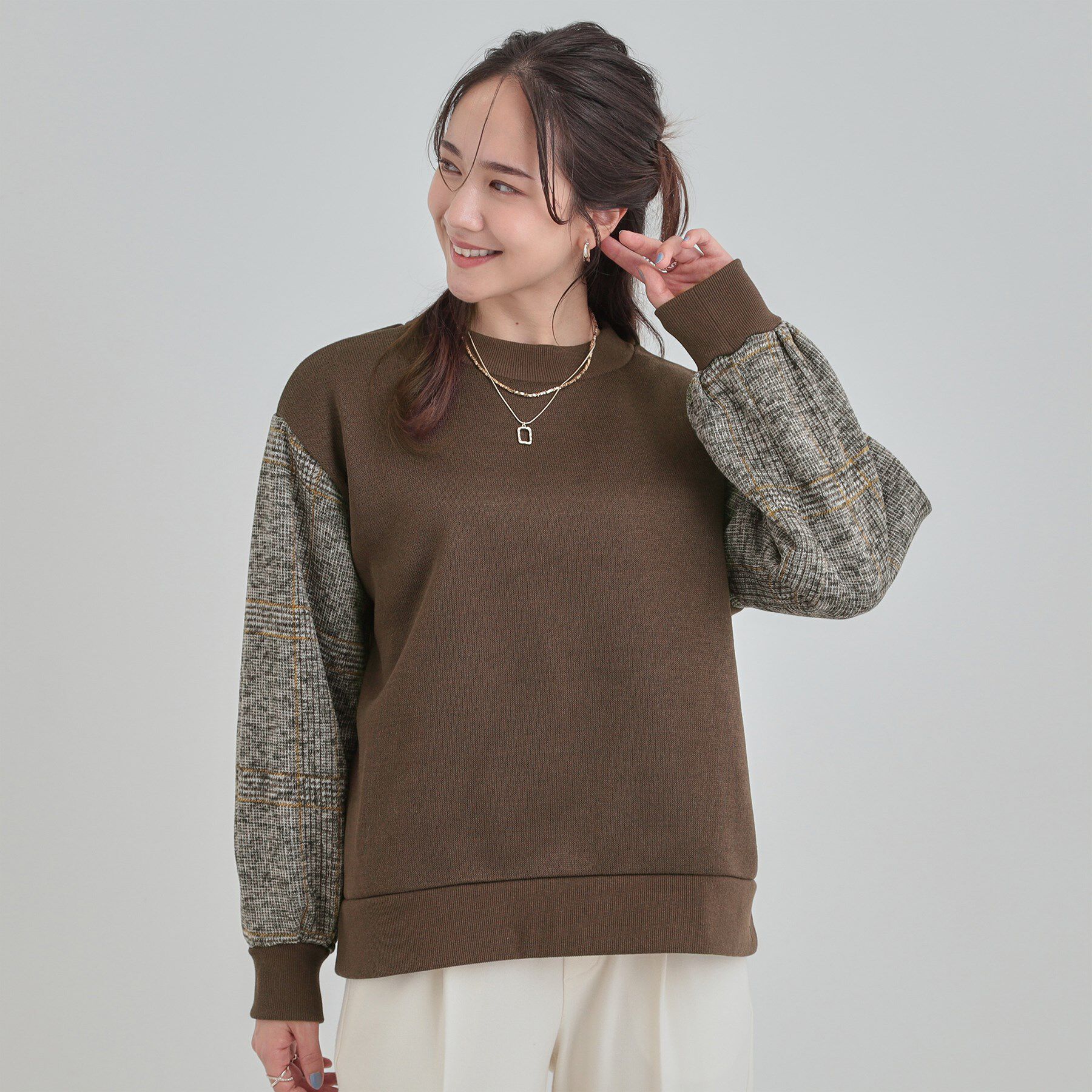 SHOO･LA･RUE「【あったか】裏起毛袖チェックトップス」|パーカー|