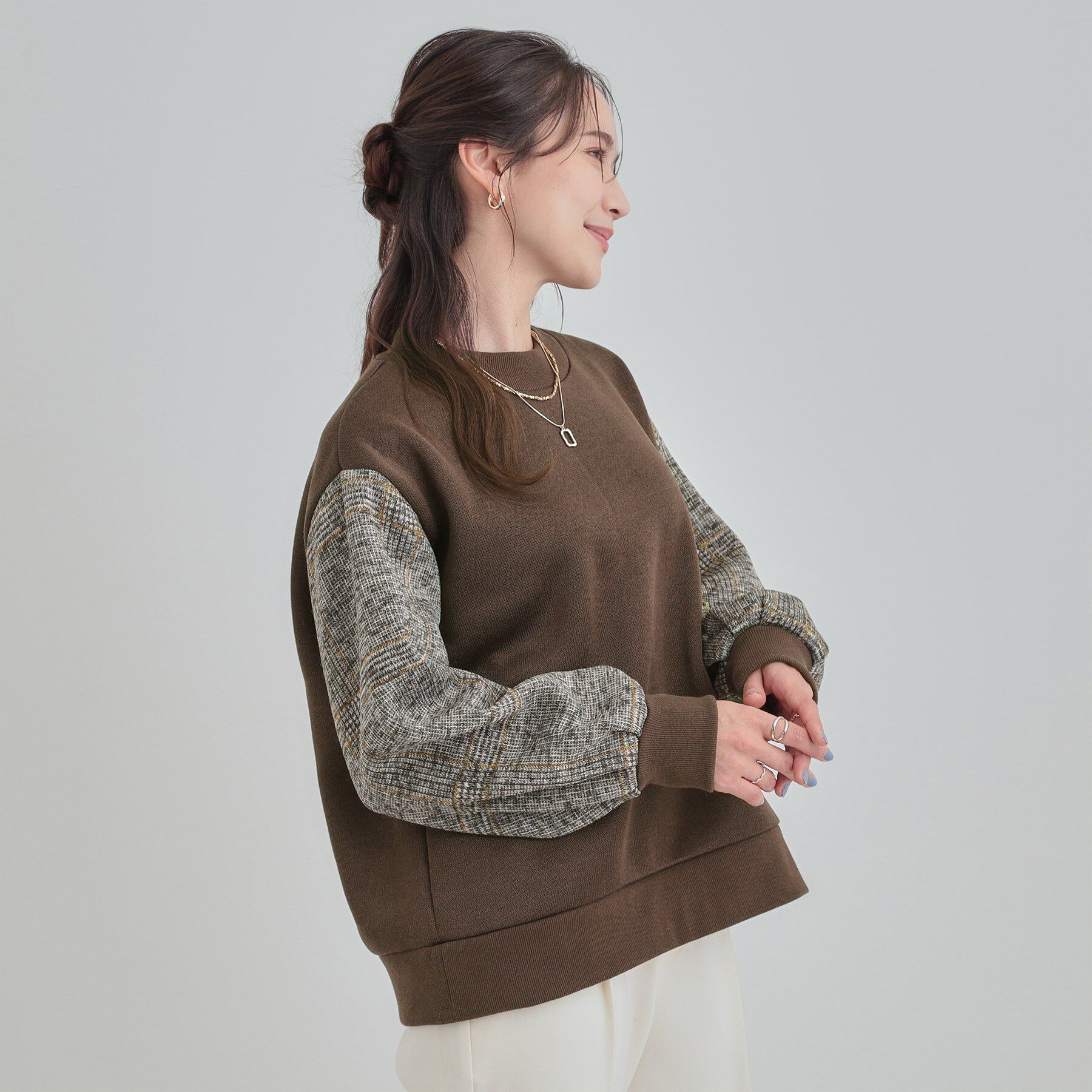 SHOO･LA･RUE「【あったか】裏起毛袖チェックトップス」|パーカー|