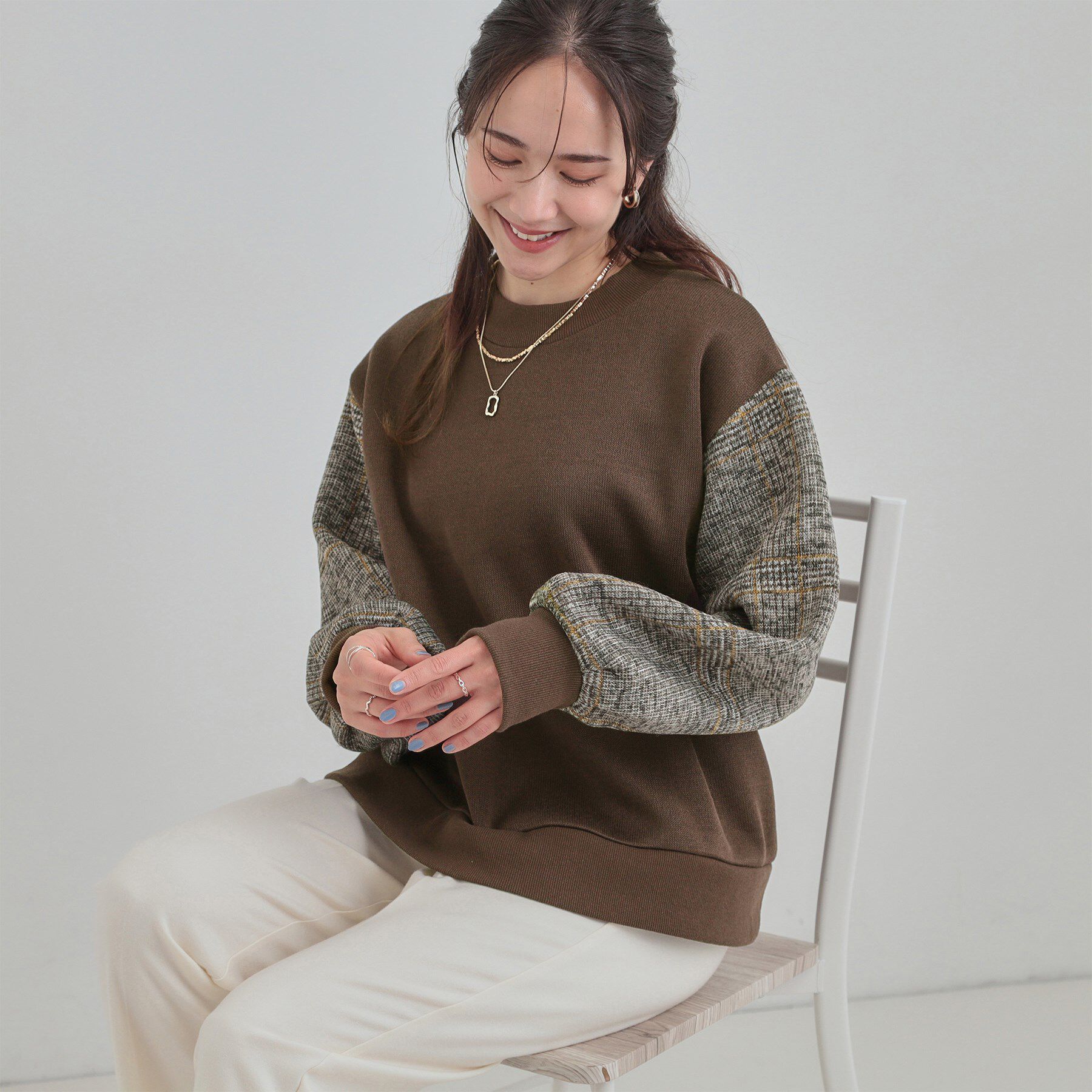 SHOO･LA･RUE「【あったか】裏起毛袖チェックトップス」|パーカー|ブラウン(043)