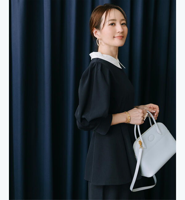 ur's「【星玲奈さんコラボアイテム】2way襟付タックペプラムトップス」|Tシャツ・カットソー|ネイビー/ホワイト