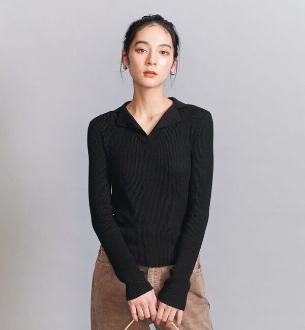 BEAUTY&YOUTH UNITED ARROWS「コットンリブ オープンカラーニット -ウォッシャブル-」|ニット・セーター|BLACK