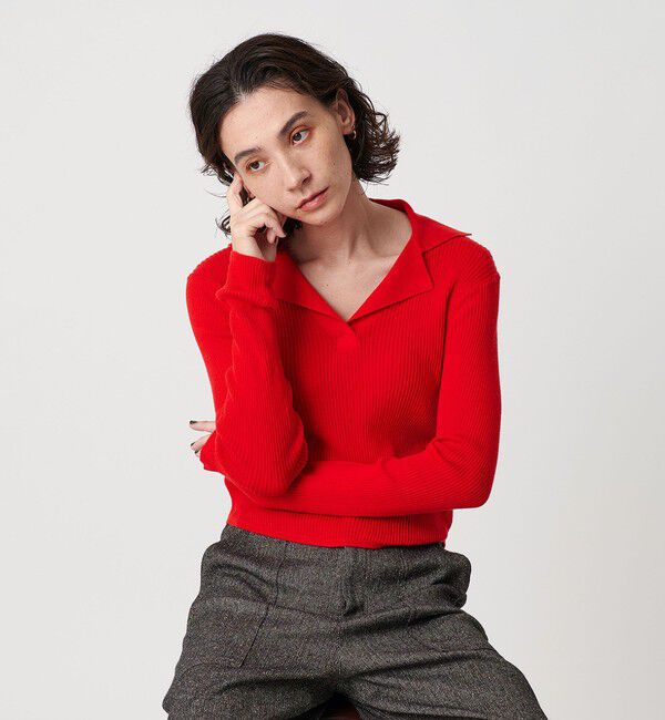 BEAUTY&YOUTH UNITED ARROWS「コットンリブ オープンカラーニット -ウォッシャブル-」|ニット・セーター|RED