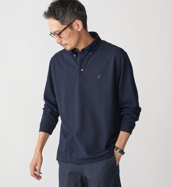 SHIPS「【WEB限定】SHIPS: 吸水速乾・UVケア Drymix（R）ワンポイントロゴ ボタンダウン 長袖ポロシャツ」|ポロシャツ|ネイビー