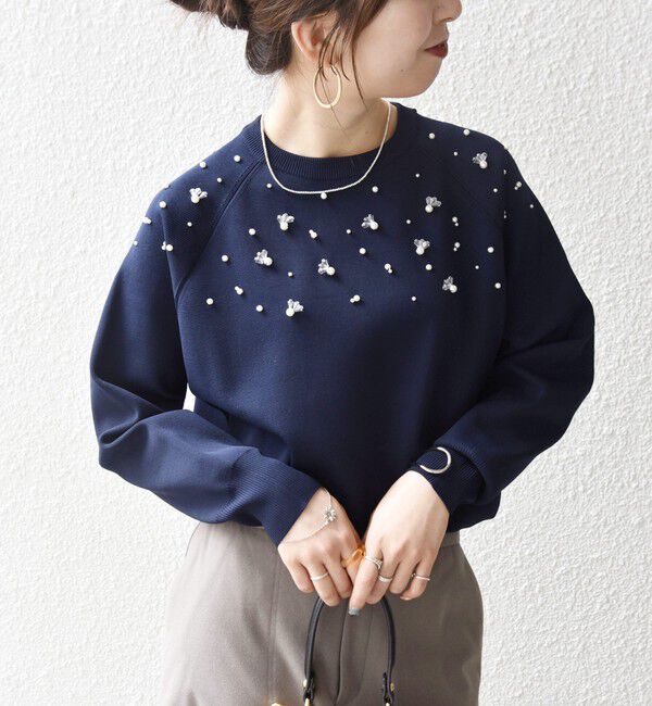 SHIPS any「SHIPS any:〈手洗い可能〉パールモチーフ ビジュー クルーネック ニット」|ニット・セーター|ネイビー