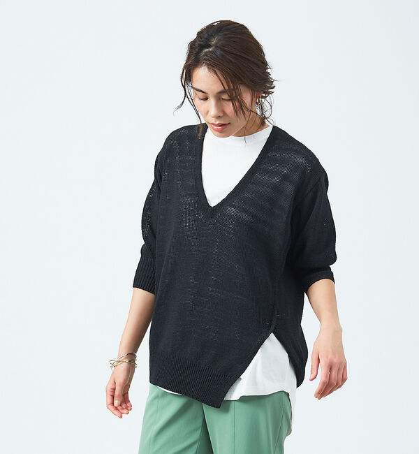 qualite「レイヤードVネックアシメニット」|ニット・セーター|ブラック