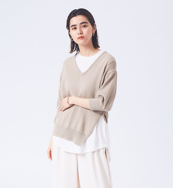 qualite「レイヤードVネックアシメニット」|ニット・セーター|ベージュ