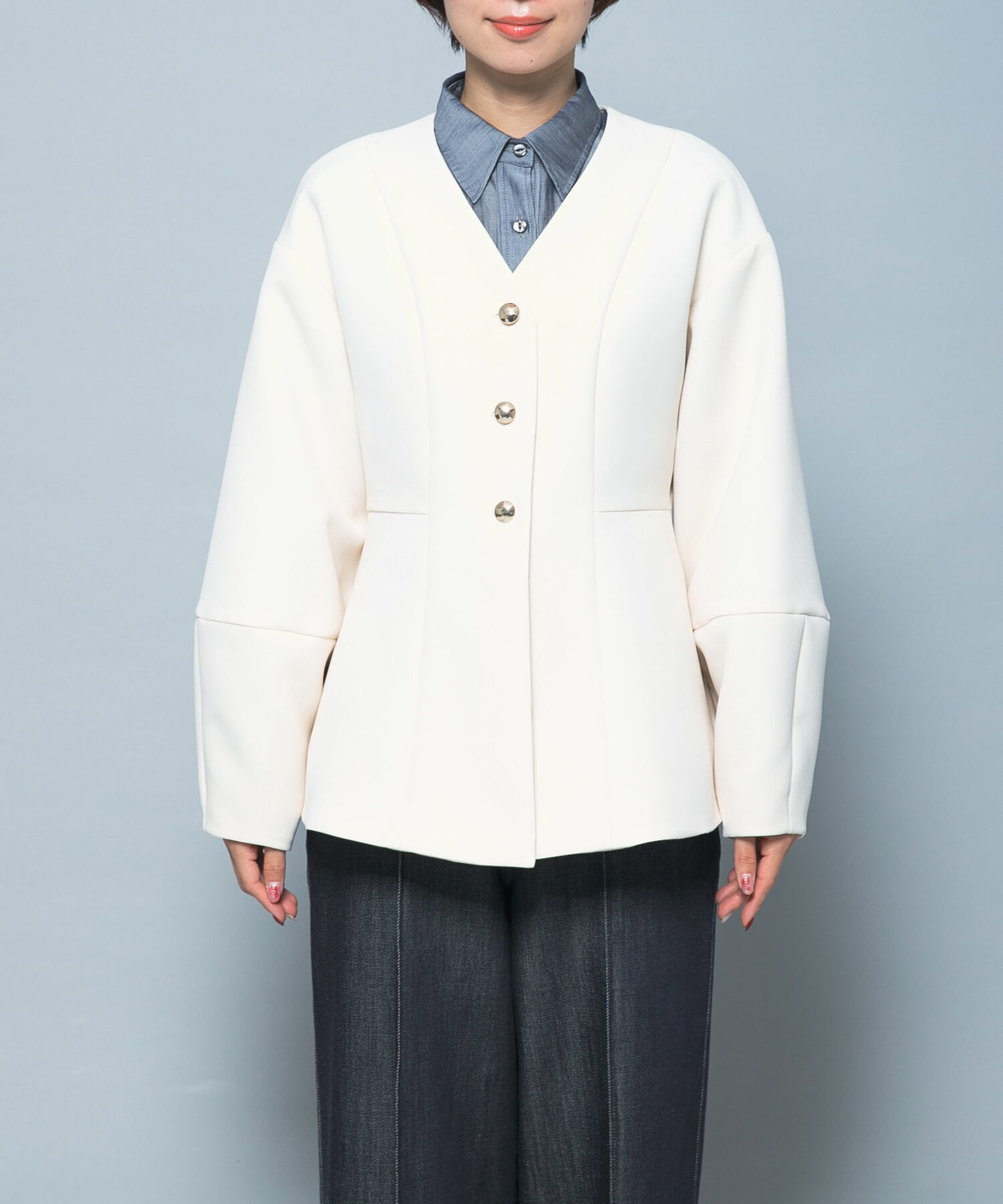 URBAN RESEARCH ROSSO「『WEB限定』デザインボタンペプラムツイルジャケット」|ノーカラージャケット|