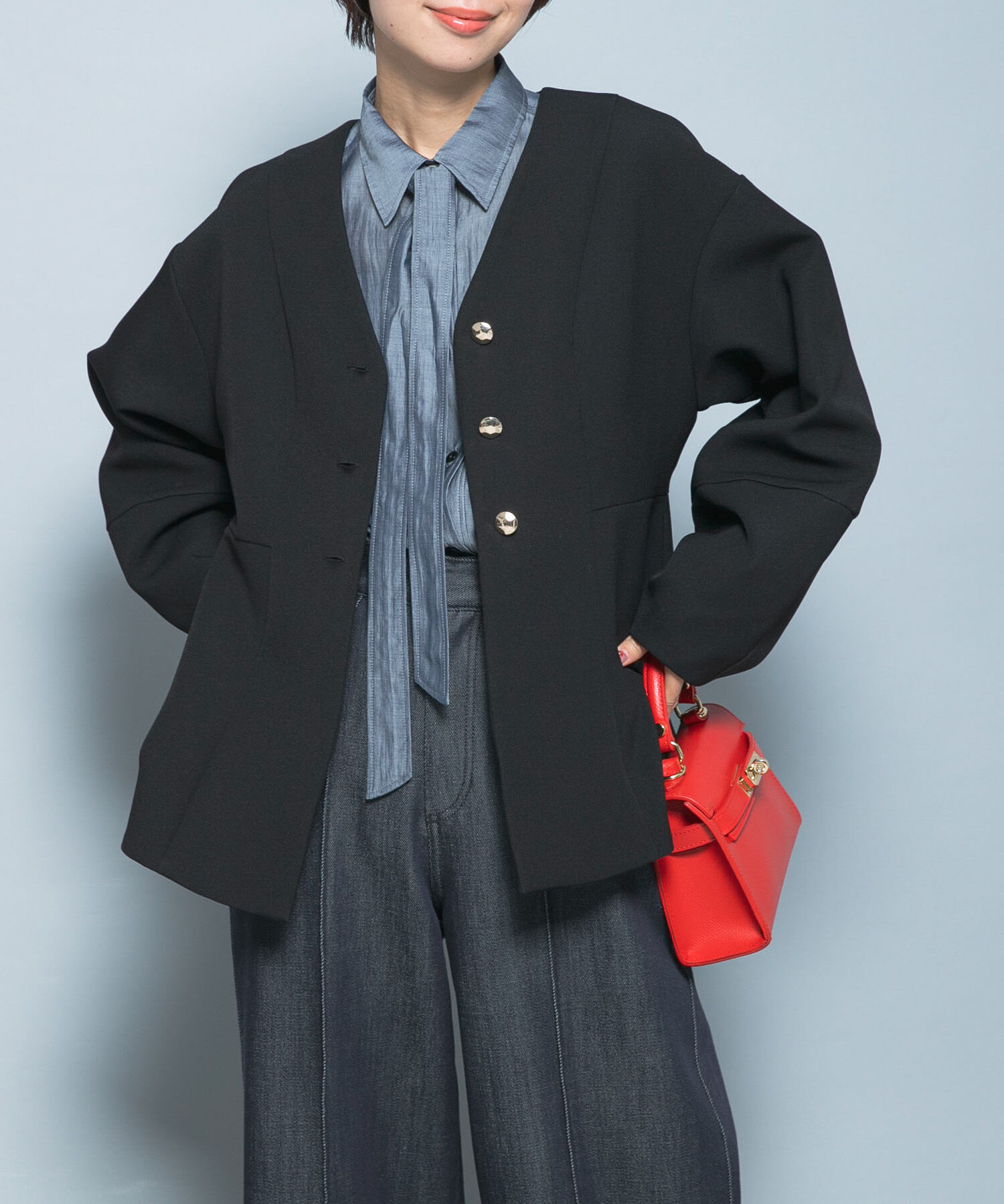 URBAN RESEARCH ROSSO「『WEB限定』デザインボタンペプラムツイルジャケット」|ノーカラージャケット|