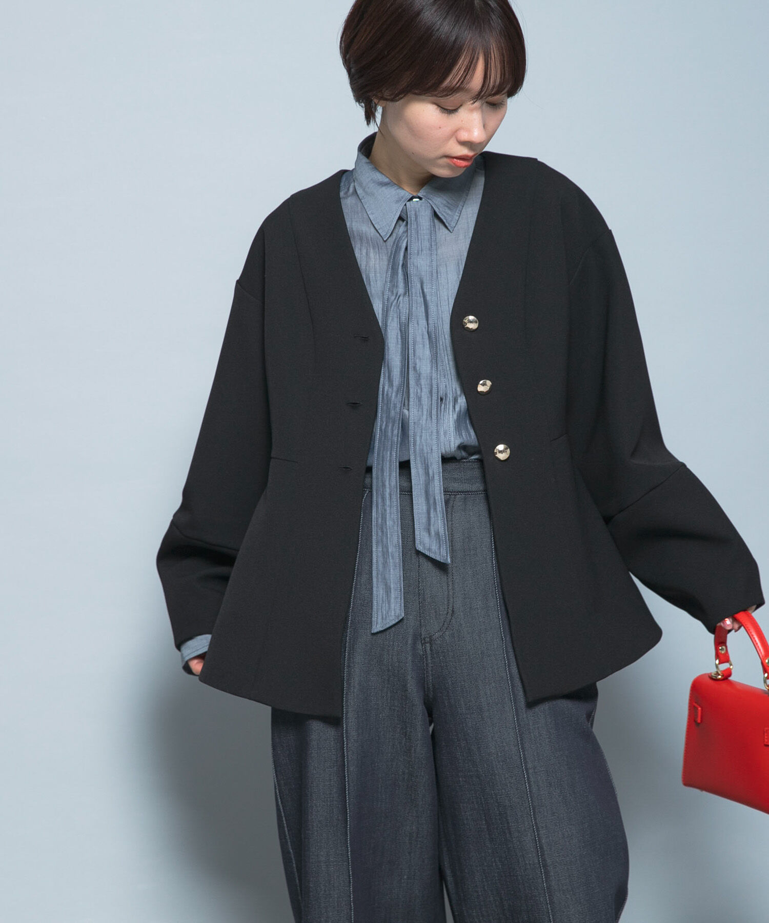 URBAN RESEARCH ROSSO「『WEB限定』デザインボタンペプラムツイルジャケット」|ノーカラージャケット|