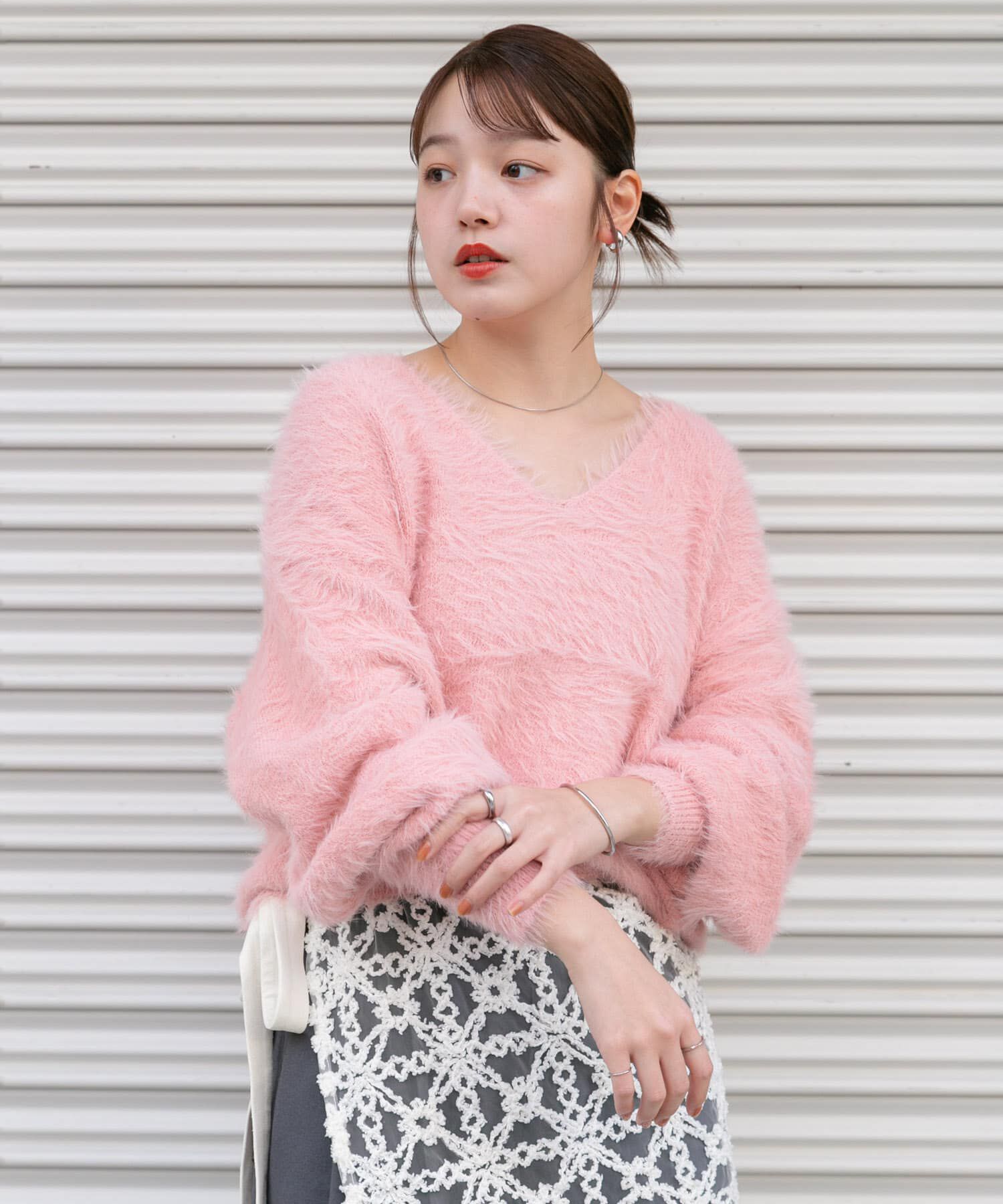  「シャギーVネックニット」|ニット・セーター|ピンク