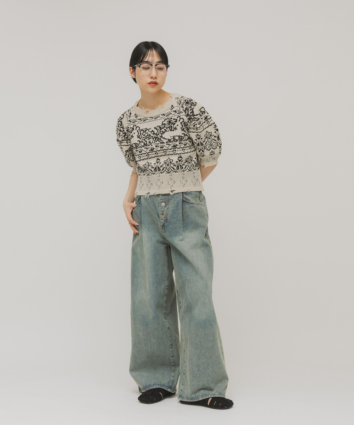  「ジャガードハーフスリーブニット」|ニット・セーター|