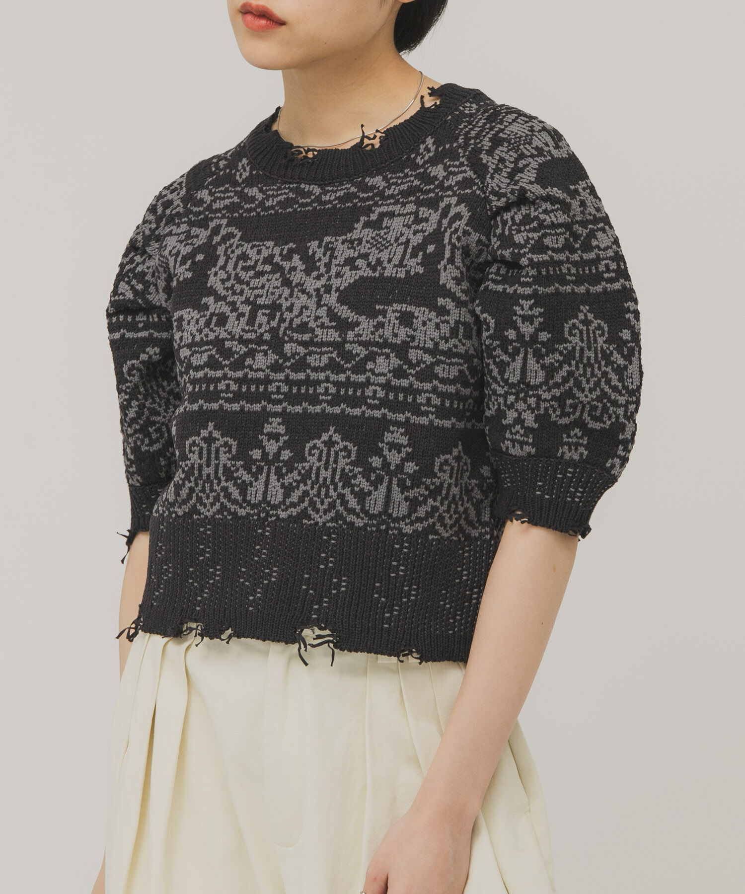  「ジャガードハーフスリーブニット」|ニット・セーター|ネイビー