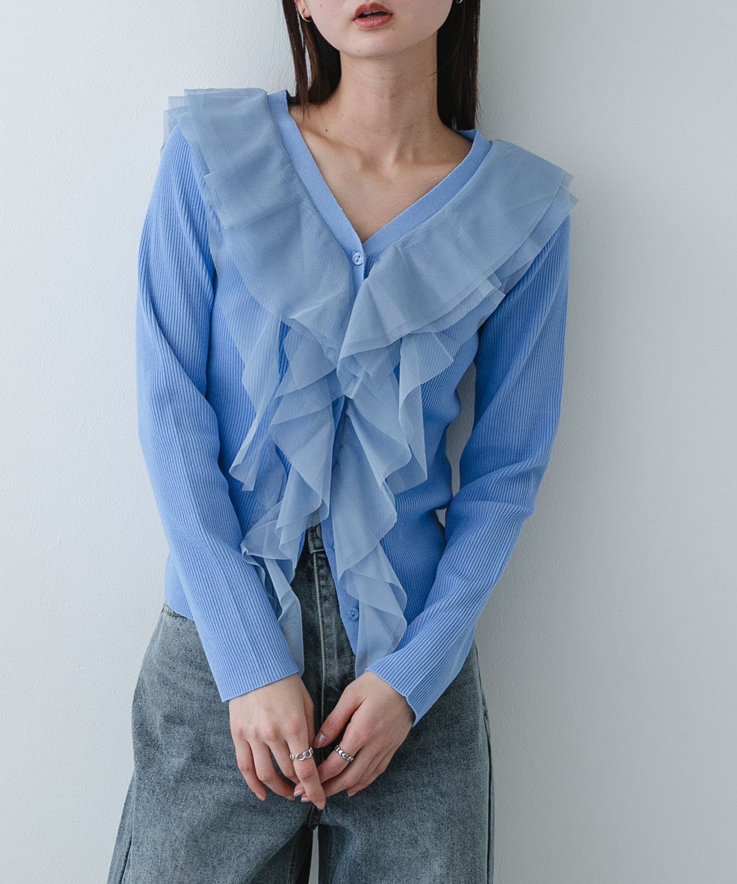 SENSE OF PLACE by URBAN RESEARCH「『洗濯可』チュールフリルニットカーディガン」|カーディガン|ライトブルー