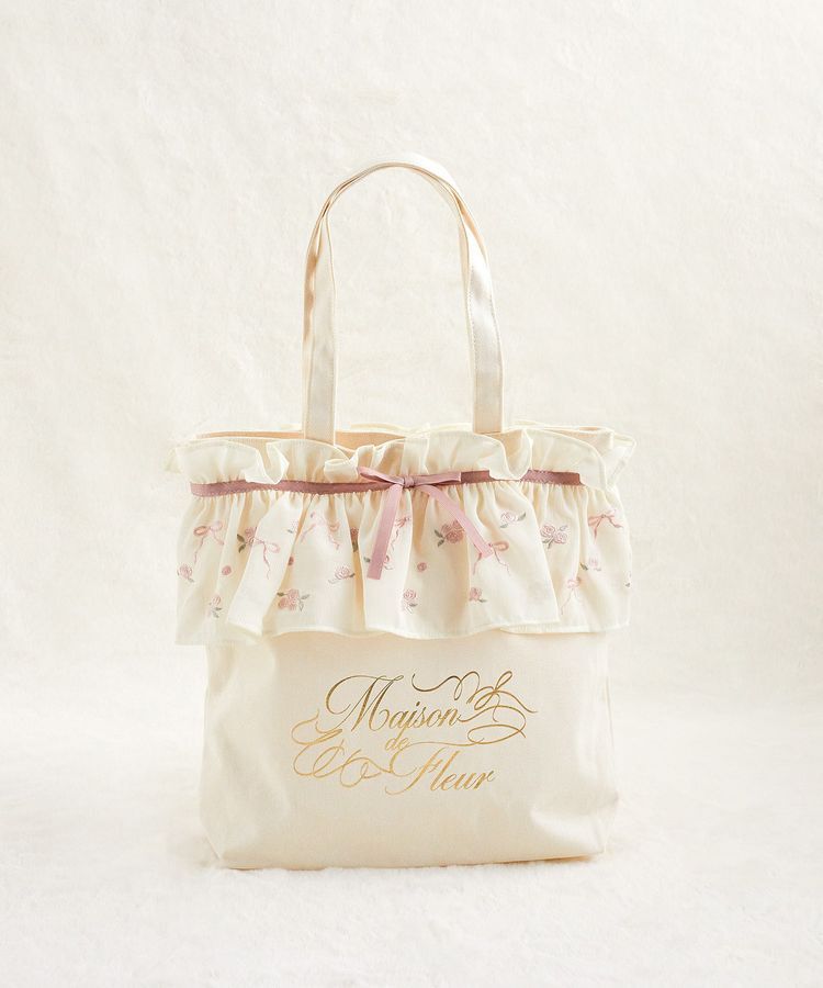 Maison de FLEUR「ローズリボン刺繍キャンバストートバッグ」|トートバッグ|アイボリー