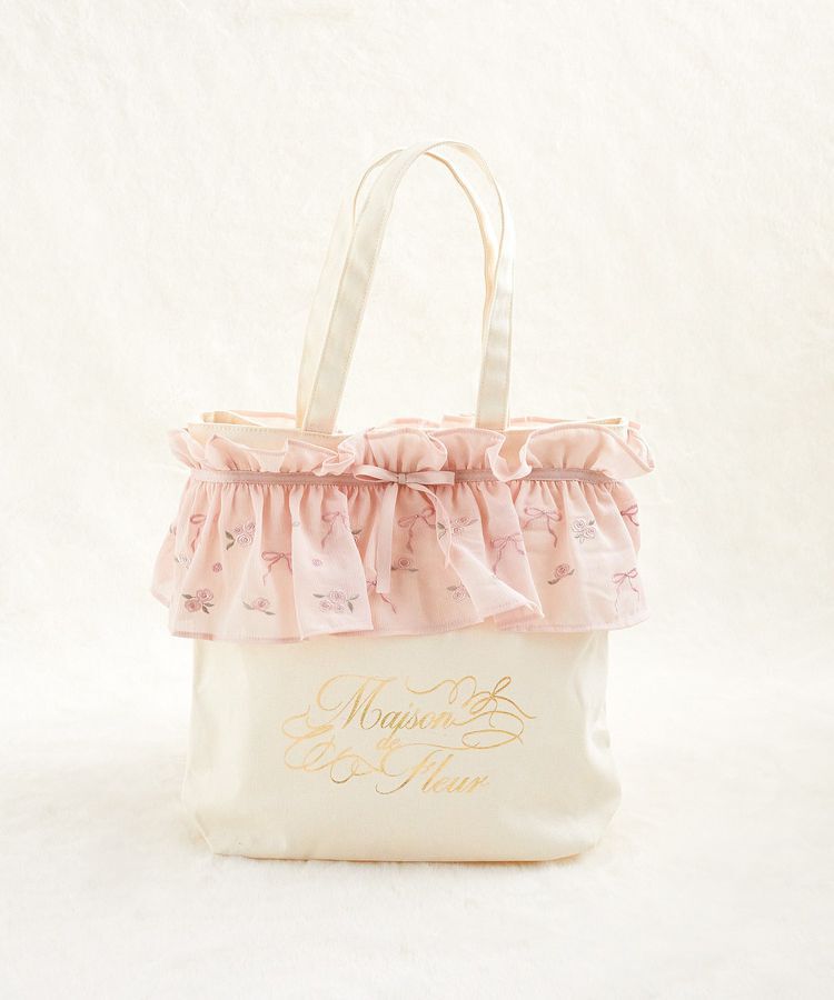 Maison de FLEUR「ローズリボン刺繍キャンバストートバッグ」|トートバッグ|ピンクベージュ