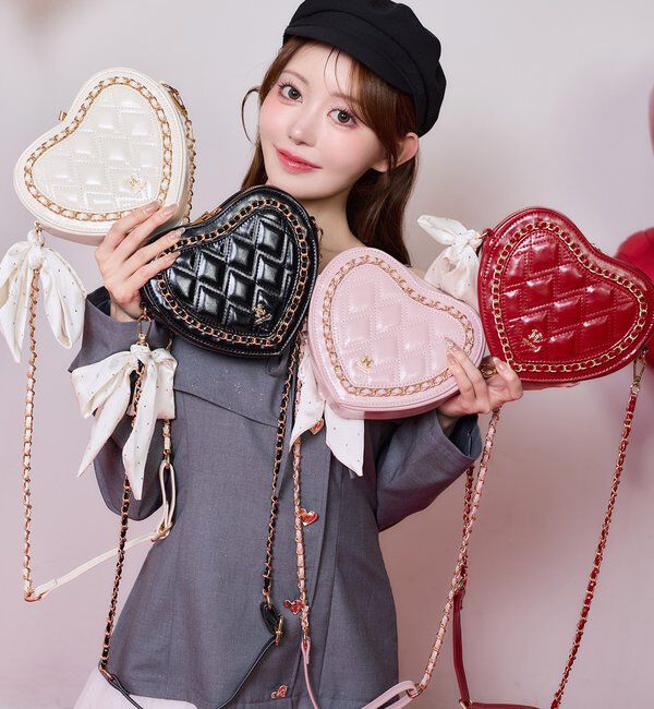  「【Heart Collection】リボン付きキルティングハートバッグ」|ショルダー・メッセンジャー|