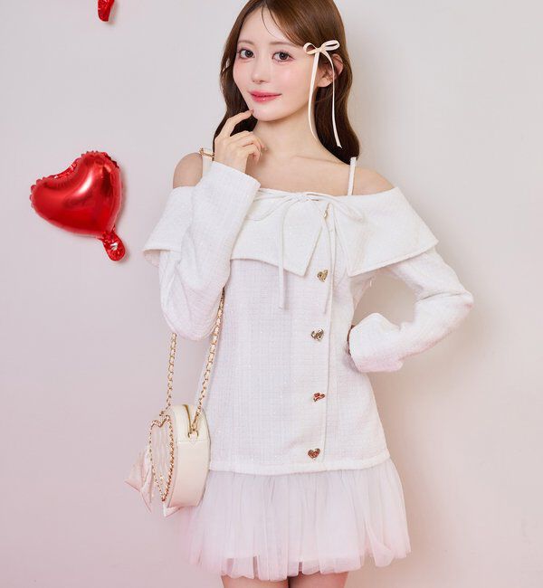  「【Heart collection】ハートボタン切替ミニワンピース」|ワンピース|オフホワイト