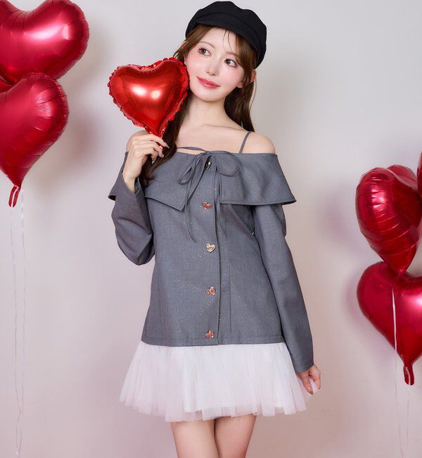  「【Heart collection】ハートボタン切替ミニワンピース」|ワンピース|グレー