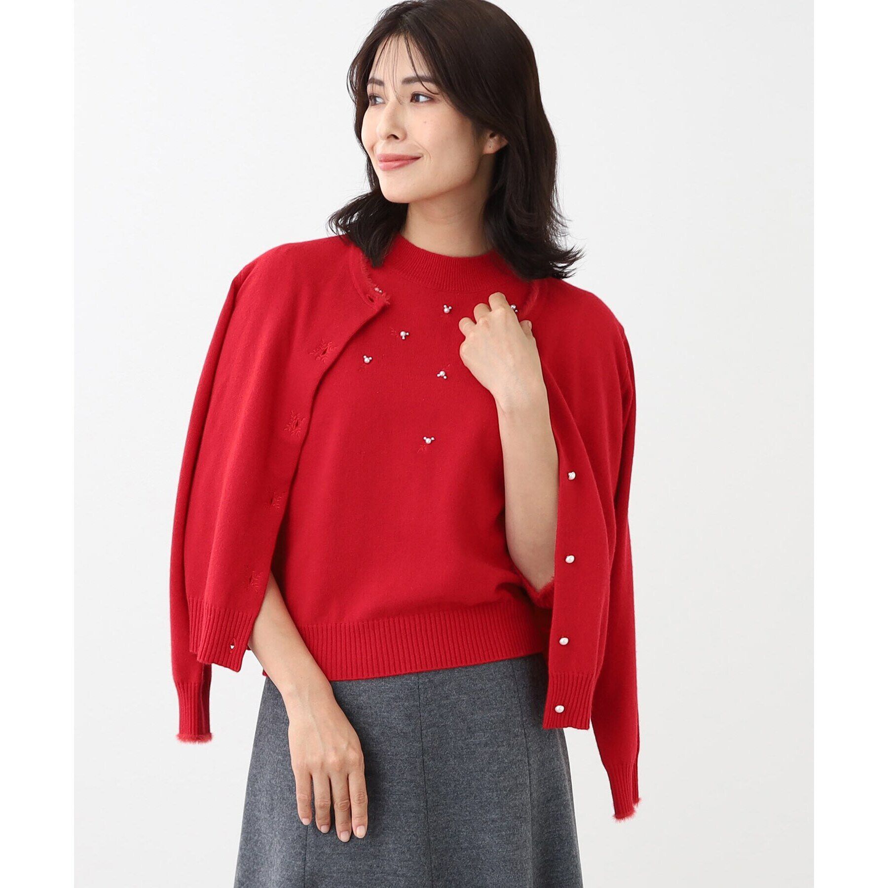 Reflect「【WEB限定カラーあり／洗える／アンサンブル】パール調刺繍ニット＋カーディガン」|カーディガン|