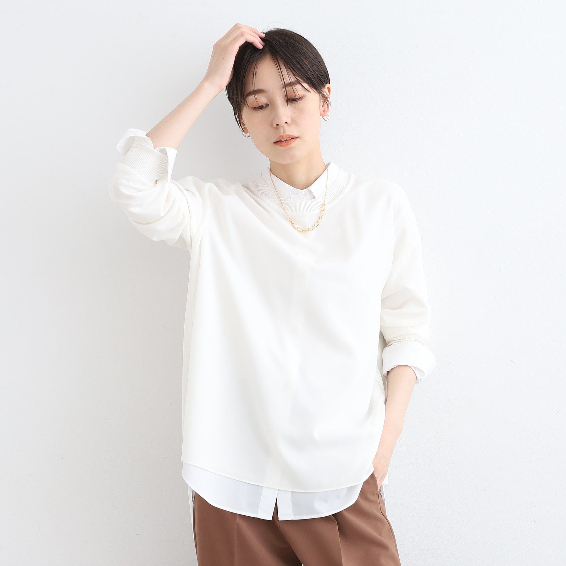 INDIVI「【洗える】リブデザインロングTシャツ」|Tシャツ・カットソー|オフホワイト(003