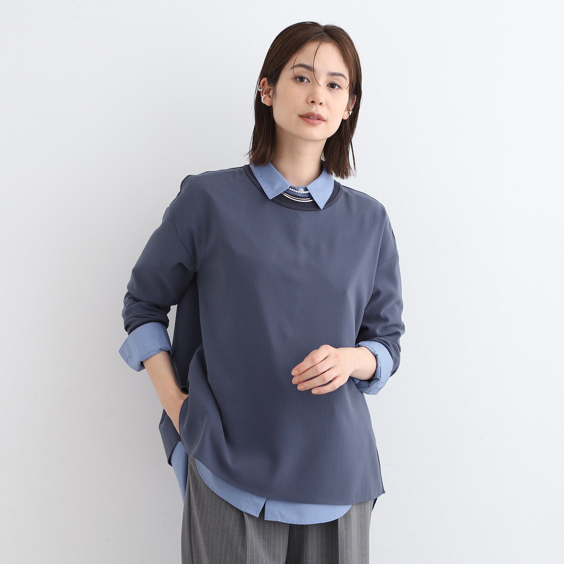 INDIVI「【洗える】リブデザインロングTシャツ」|Tシャツ・カットソー|ブルー(093)