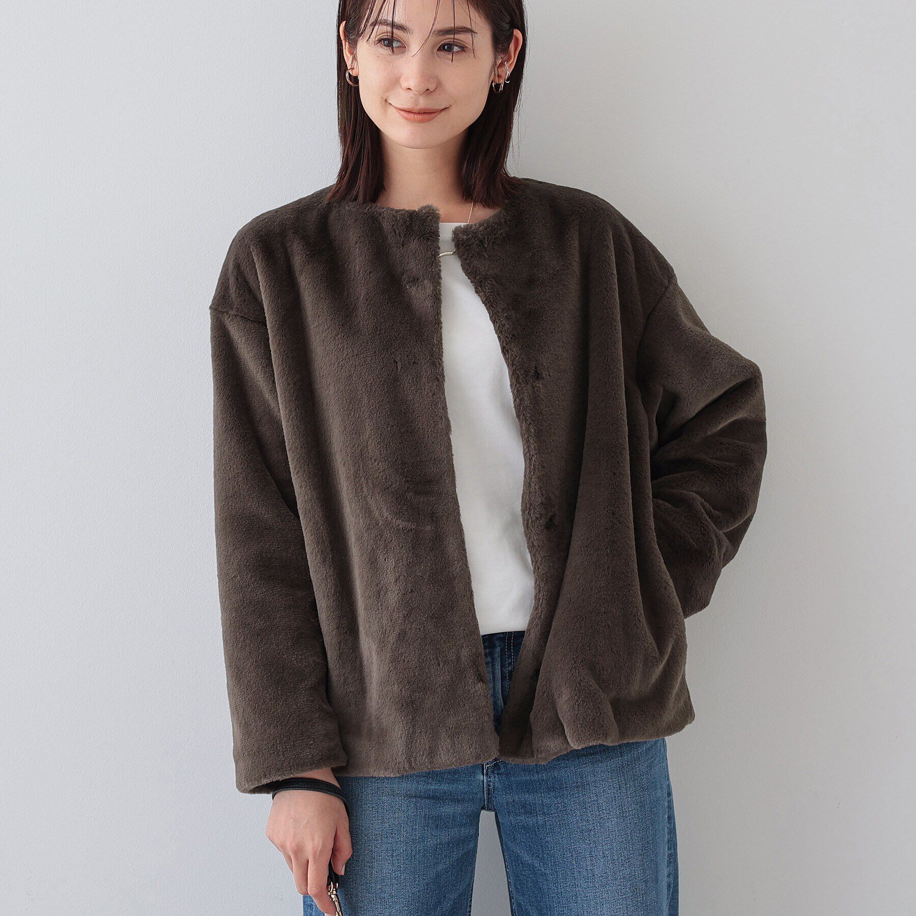 INDIVI「【トレンドコート】大人フェイクファーコート」|ノーカラーコート|トープ(054)