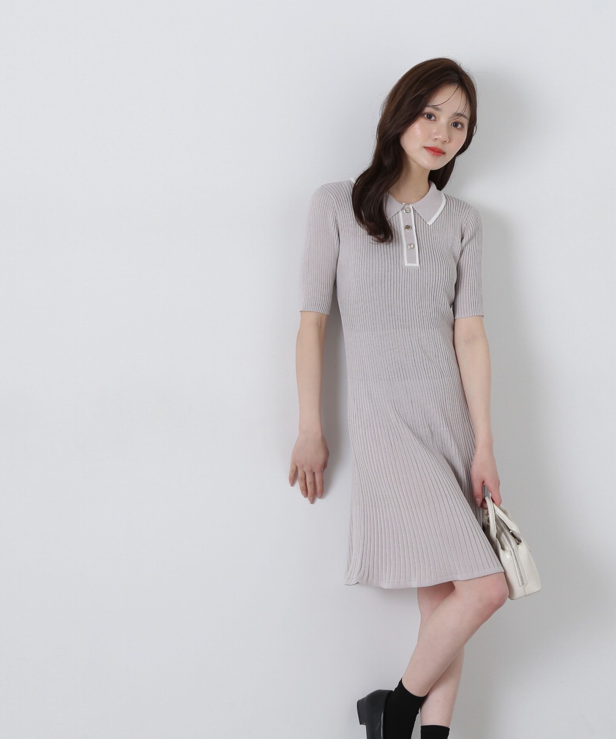 PROPORTION BODY DRESSING「ポロ襟リブミニニットワンピース」|ワンピース|グレー&times;エクリ