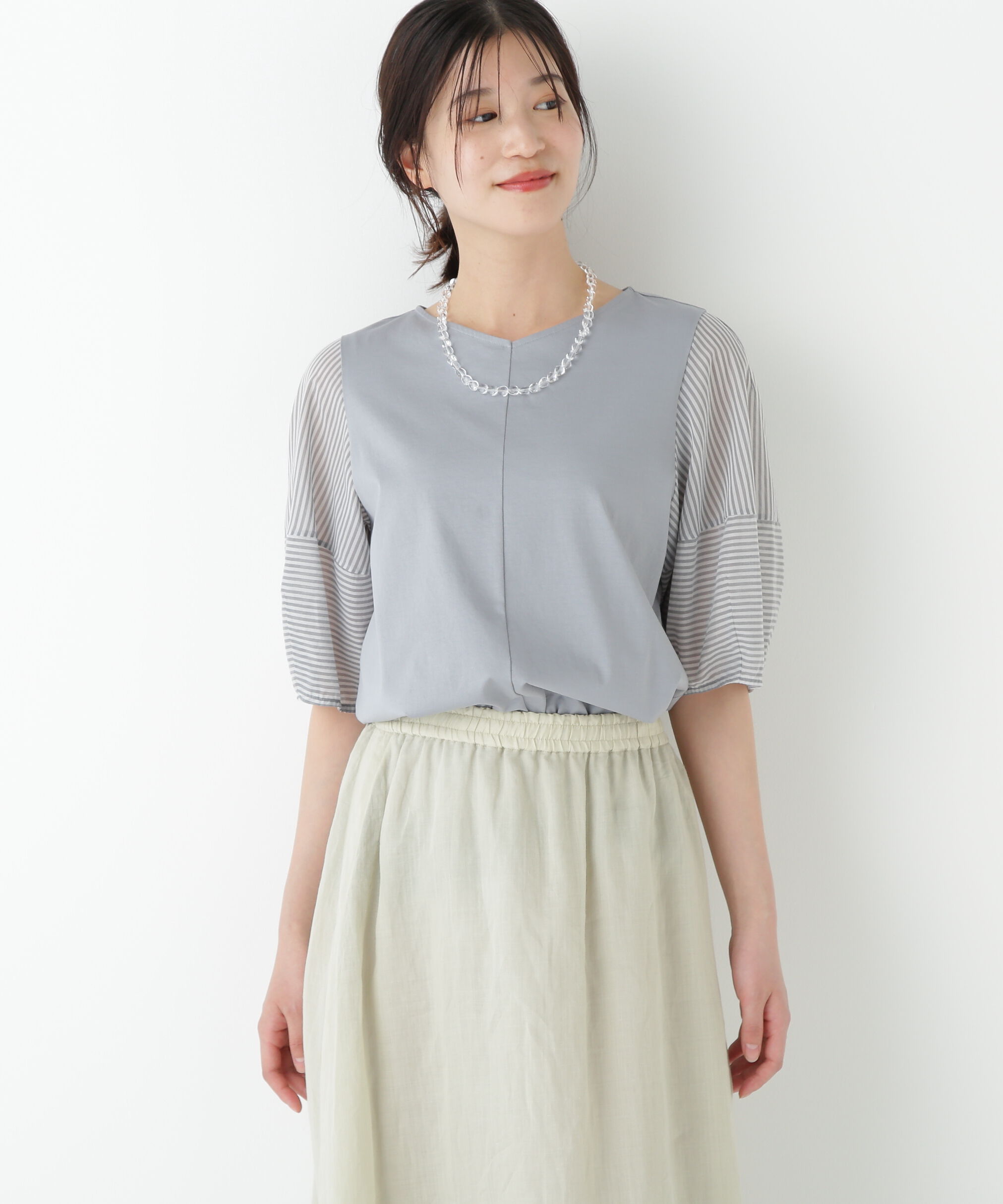  「◆シアーストライプドッキングＶネックカットソープルオーバー」|Tシャツ・カットソー|