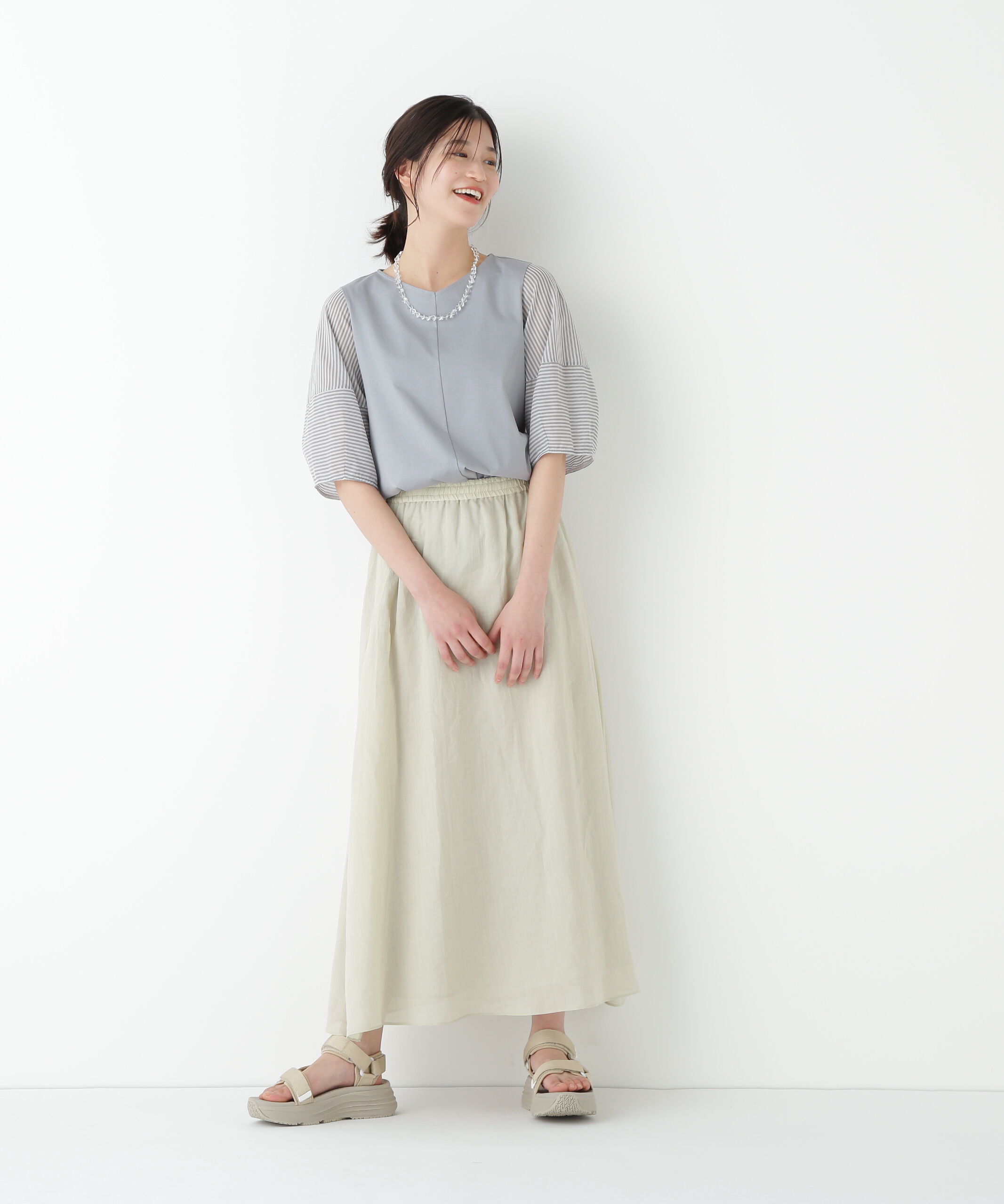  「◆シアーストライプドッキングＶネックカットソープルオーバー」|Tシャツ・カットソー|