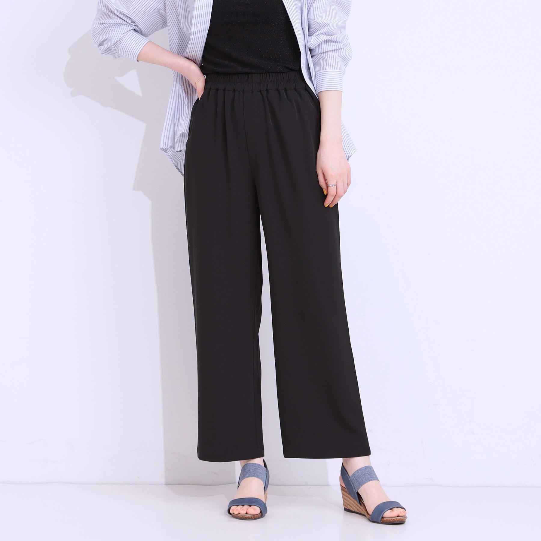 SHOO･LA･RUE「【洗える/ひんやり/UV/SS-3L】さらさらぷるんワイドパンツ」|その他|ブラック(019)