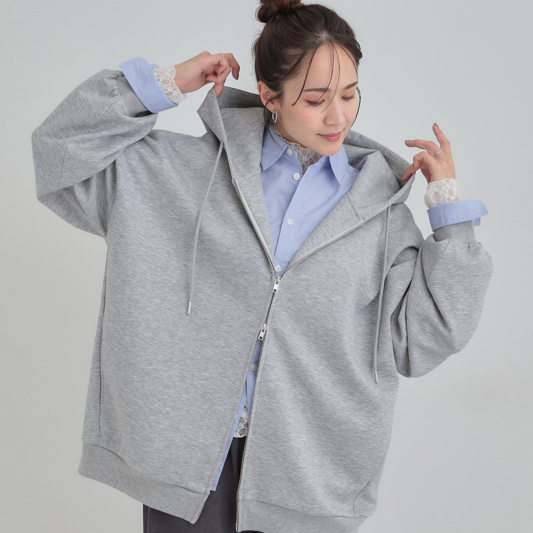 SHOO･LA･RUE「【セットアップ可/S-LL/なめらかタッチ】オーバーサイズゆるパーカ」|パーカー|グレー(012)